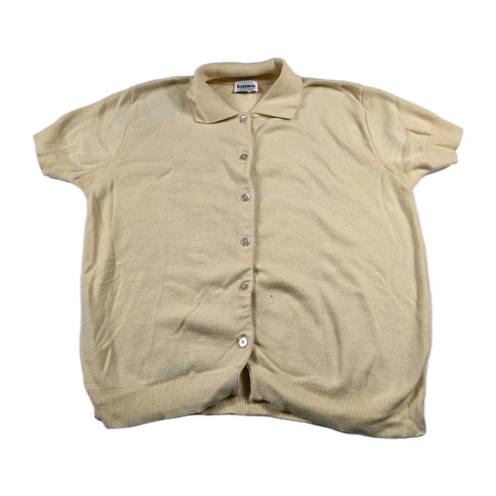 Vintage Hanes Signature Collection Yellow Cotton Knit Button Up Polo Shirt Large